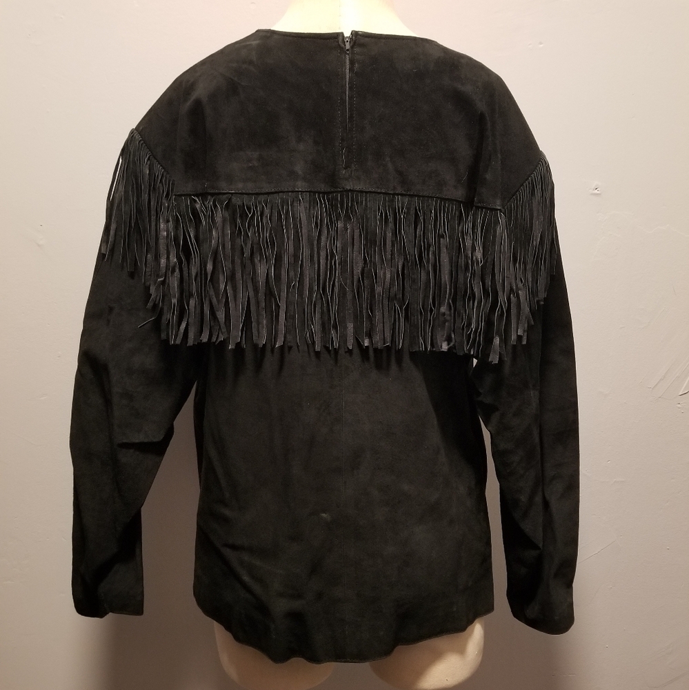VINTAGE LEATHER JACKET PULLOVER WINDBREAKER SUEDE UNISEX FESTIVAL FRINGE HIPPIE - Picture 7 of 7